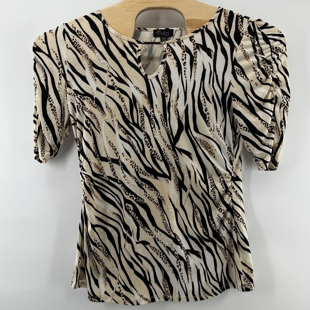 Thalia Sodi Shirt Women Large Animal Print Zebra Leopard Puff Sleeve Stretch Top